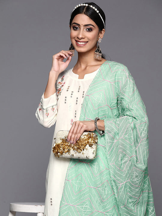 Indo Era White Embroidered Straight Kurta Trousers With Dupatta Set