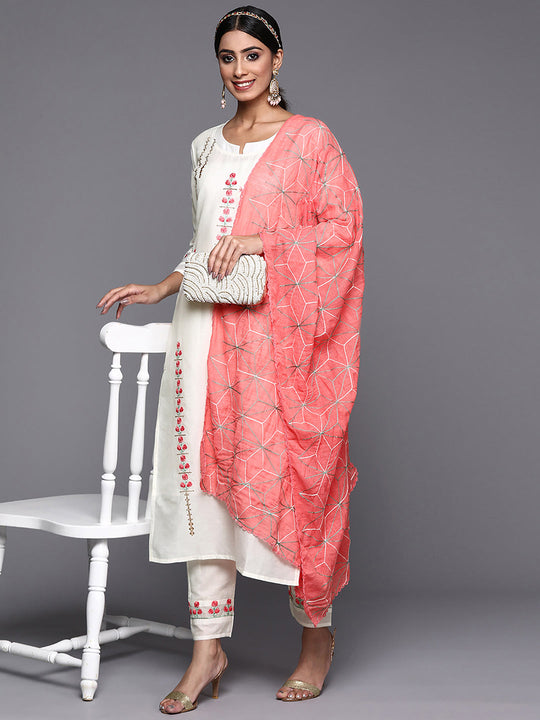 Indo Era White Embroidered Straight Kurta Trousers With Dupatta Set