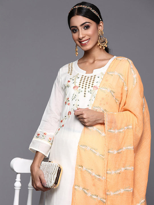 Indo Era White Embroidered Straight Kurta Trousers With Dupatta Set