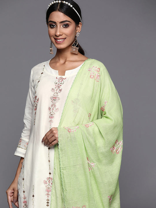 Indo Era White Embroidered Straight Kurta Trousers With Dupatta Set