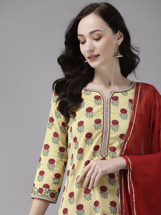 Indo Era Yellow Printed Straight Kurta Palazzo With Dupatta Set