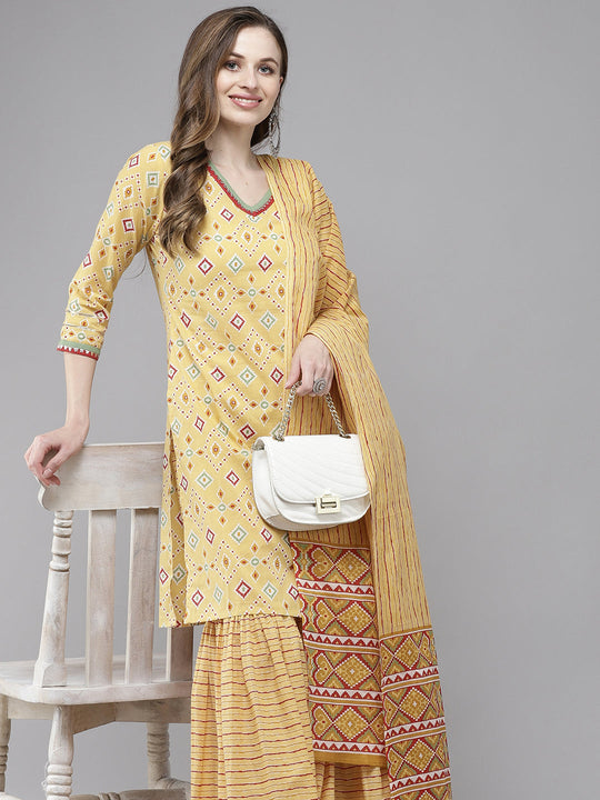 Indo Era Yellow Printed Straight Kurta Sharara With Dupatta Set