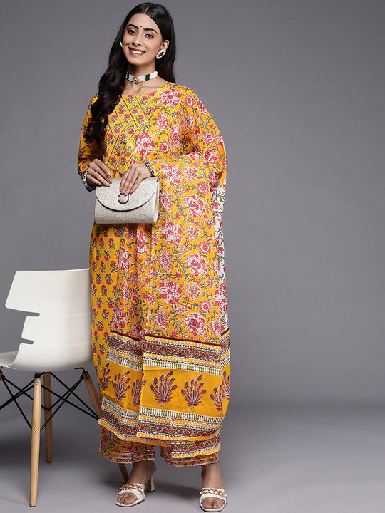 Indo Era Yellow Printed Straight Kurta Palazzo With Dupatta Set
