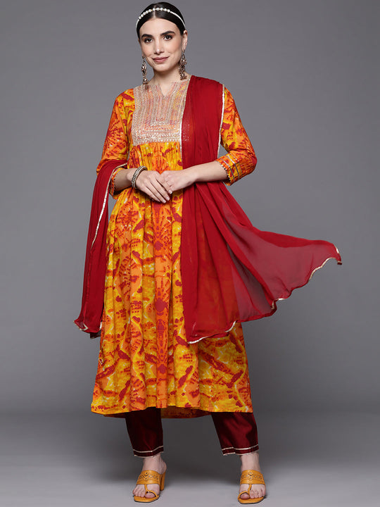 Indo Era Yellow Tie & Dye Straight Kurta Trouser With Dupatta Set