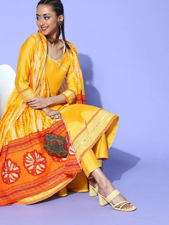 Indo Era Yellow Tie & Dye A-Line Kurta Churidar With Dupatta Set