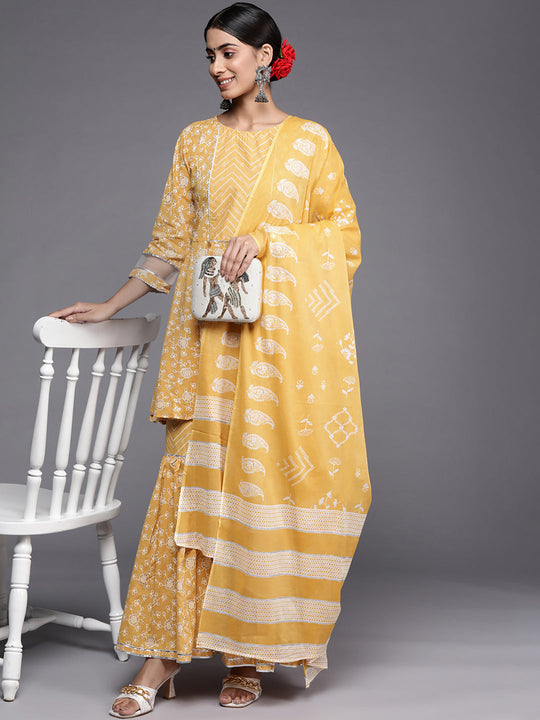 Indo Era Yellow Printed A-line Kurta Sharara With Dupatta Set