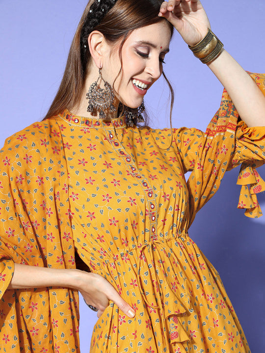 Indo Era Yellow Printed Straight Kurta Palazzo With Dupatta Set