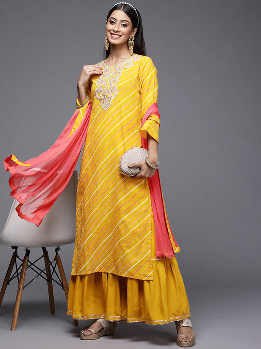 Indo Era Yellow Printed Straight Kurta Sharara With Dupatta Set