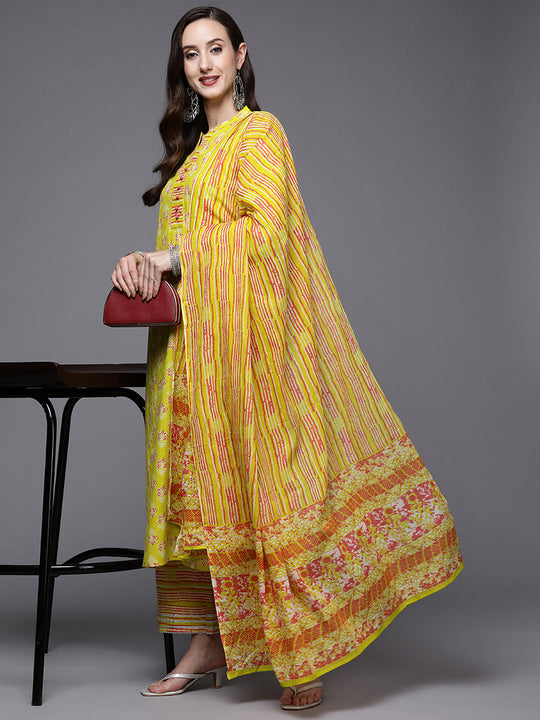 Indo Era Yellow Printed Straight Kurta Palazzos With Dupatta Set