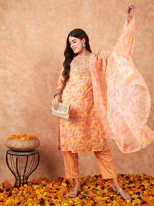 Indo Era Yellow Embroidered Straight Kurta Trousers With Dupatta Set