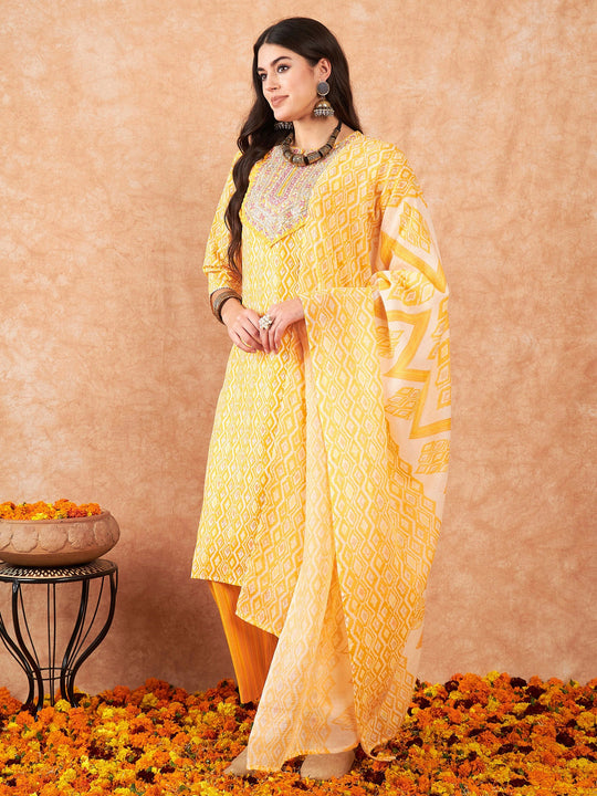 Indo Era Yellow Embroidered Straight Kurta Trousers With Dupatta Set