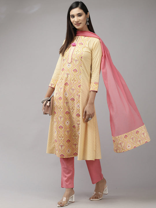 Indo Era Yellow Printed Kurta Palazzo With Dupatta Set