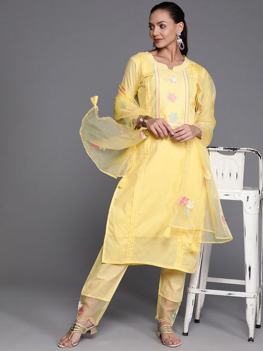 Indo Era Yellow Floral Embroidered Straight Kurta Trouser With Dupatta Set