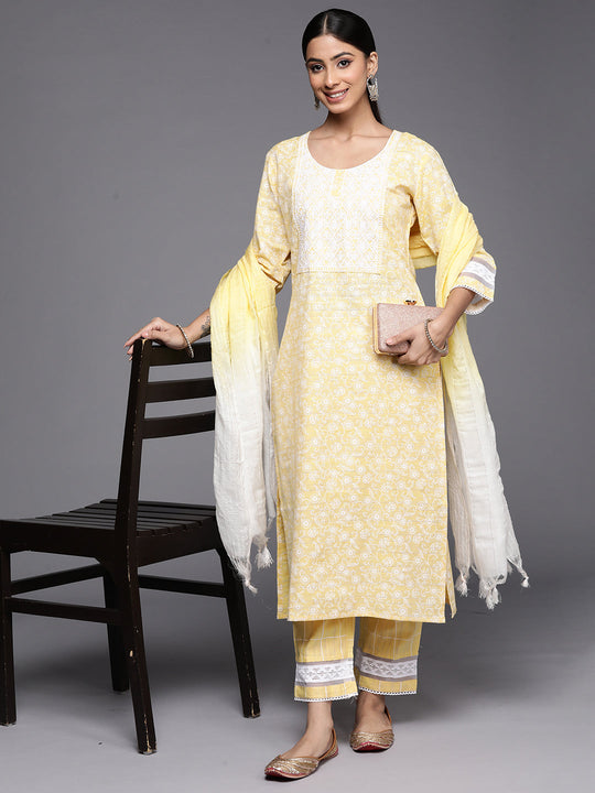 Indo Era Yellow Embroidered Straight Kurta Trousers With Dupatta Set