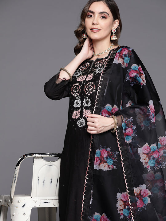 Indo Era Black Embroidered Straight Kurta Trousers With Dupatta Set