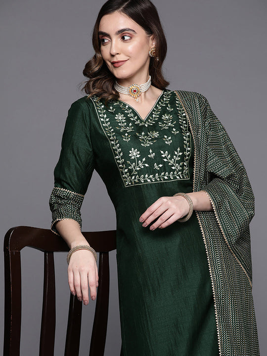Indo Era Green Embroidered Straight Kurta Palazzos With Dupatta Set