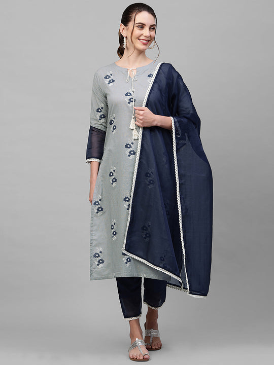 Indo Era Grey Printed Straight Kurta Trouser With Dupatta Set
