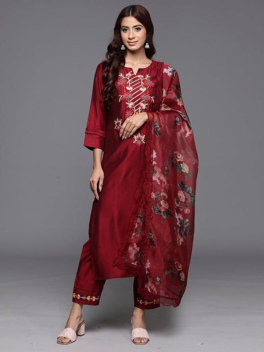 Indo Era Maroon Embroidered Straight Ethnic Kurta Trousers With Dupatta Set