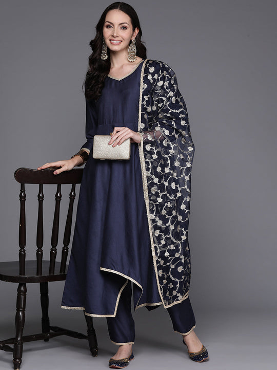 Indo Era Navy Blue Empire Sequinned Kurta with Trousers & With Dupatta