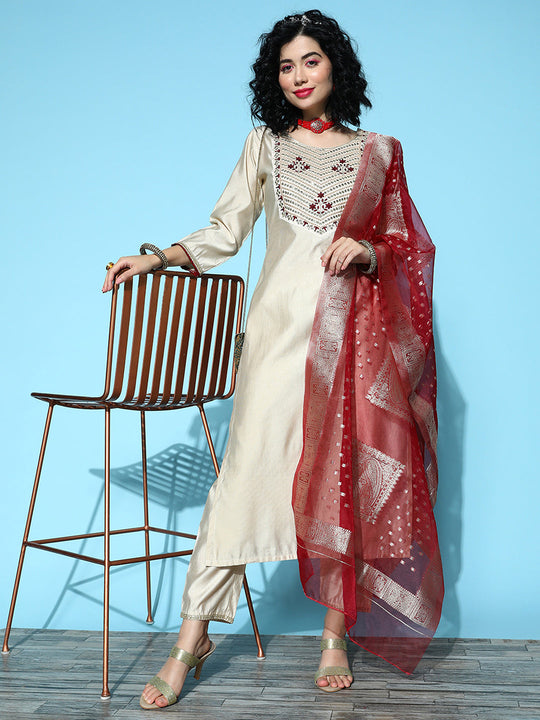 Indo Era Off White Embroidered Straight Kurta Trousers With Dupatta Set