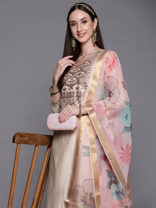 Indo Era Off White Embroidered Straight Kurta Palazzos With Dupatta Set