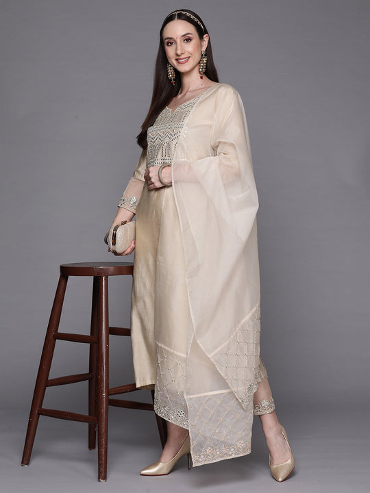 Indo Era Off White Embroidered Straight Kurta Trousers With Dupatta Set