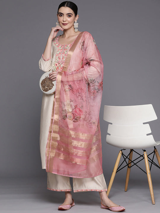 Indo Era Off White Embroidered Straight Kurta Palazzos With Dupatta Set