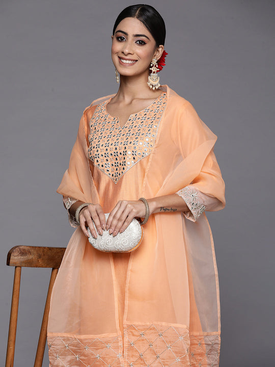 Indo Era Peach Embroidered Straight Kurta Trousers With Dupatta Set