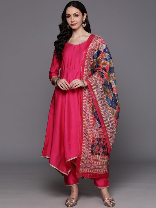 Indo Era Pink Regular Gotta Patti Liva Kurta with Trousers & With Dupatta