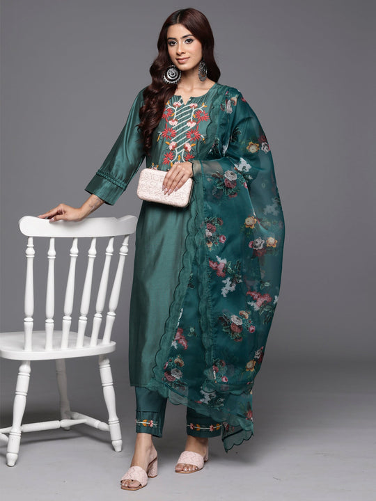Indo Era Teal Embroidered Straight Ethnic Kurta Trousers With Dupatta Set