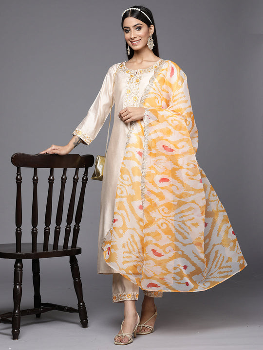 Indo Era Kesariya White Embroidered Straight Kurta Trouser With Dupatta Set