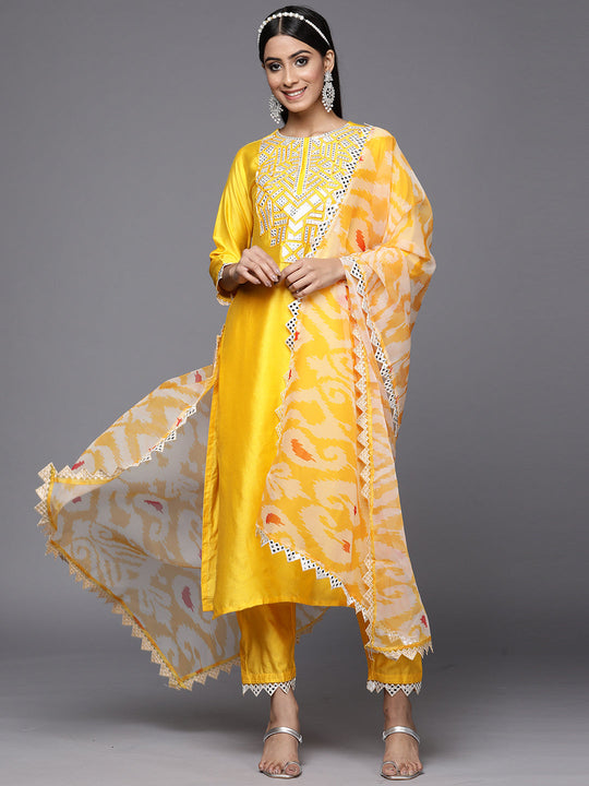 Indo Era Kesariya Yellow Embroidered Straight Kurta Trouser With Dupatta Set