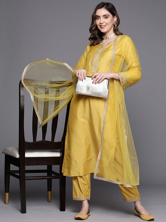 Indo Era Yellow Embroidered Straight Kurta Trousers With Dupatta Set