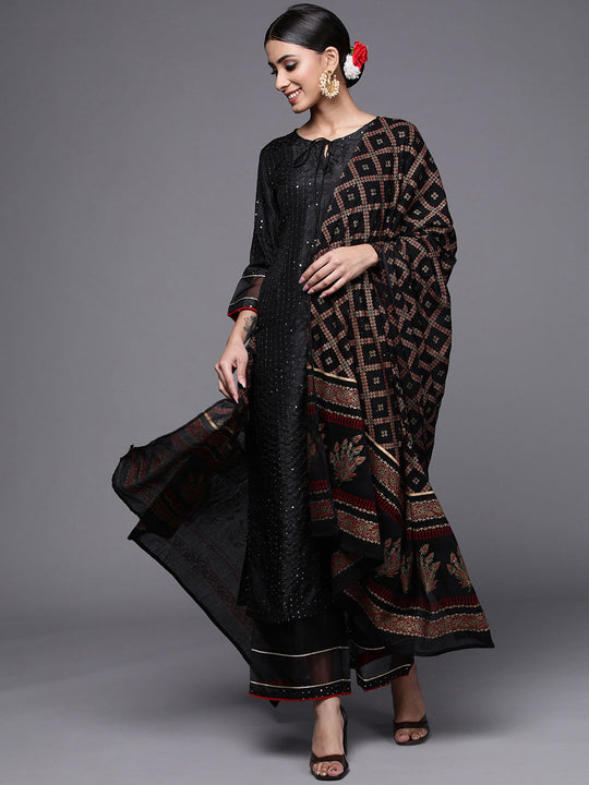 Indo Era Black Sequnced Straight Kurta Palazzo With Dupatta Set