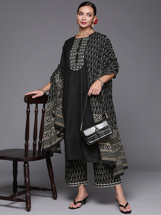 Indo Era Black Embroidered Straight Kurta Palazzo With Dupatta Set
