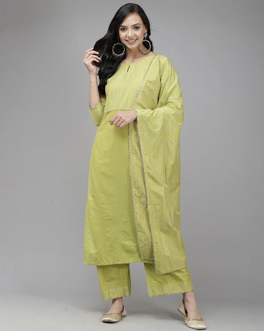 Indo Era Green Solid Straight Kurta Palazzo With Dupatta Set