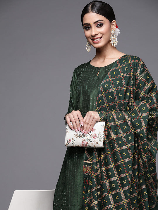 Indo Era Green Sequnced Straight Kurta Palazzo With Dupatta Set