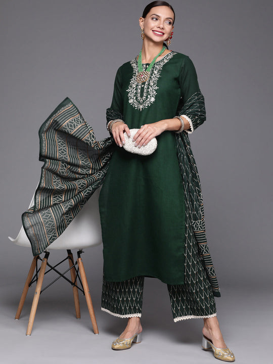 Indo Era Green Embroidered Straight Kurta Palazzo With Dupatta Set