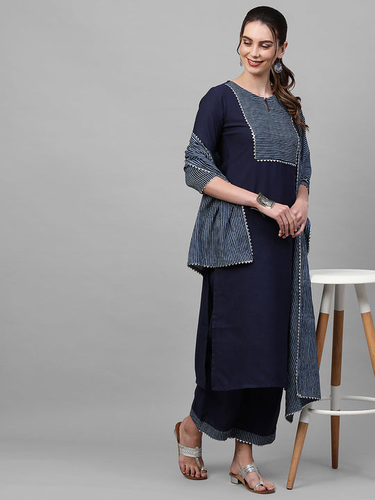 Indo Era Navy Blue Solid Straight Kurta Palazzo With Dupatta Set