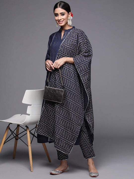 Indo Era Navy Blue Sequinned Straight Kurta Trouser With Dupatta Set