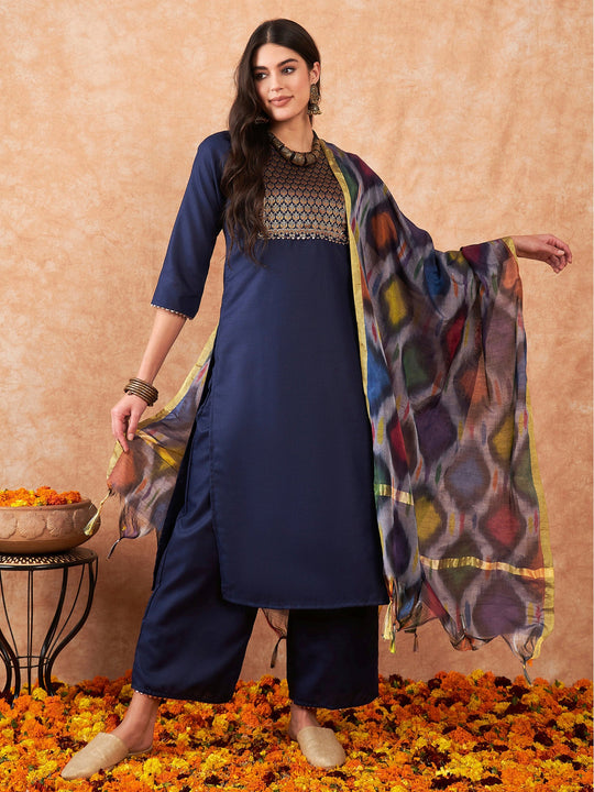 Indo Era Navy Blue Yoke Design Straight Kurta Trousers With Dupatta Set