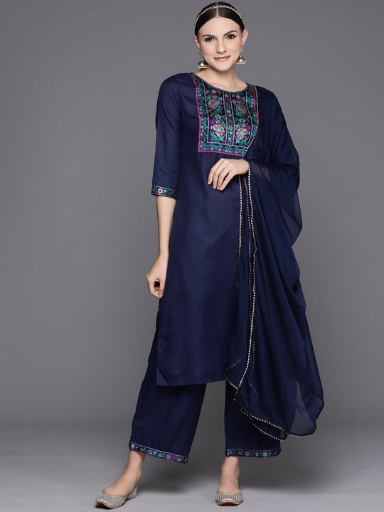Indo Era Navy Blue Yoke Design Straight Kurta Palazzos With Dupatta Set