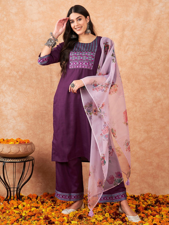 Indo Era Purple Yoke Design Straight Kurta Palazzos With Dupatta Set