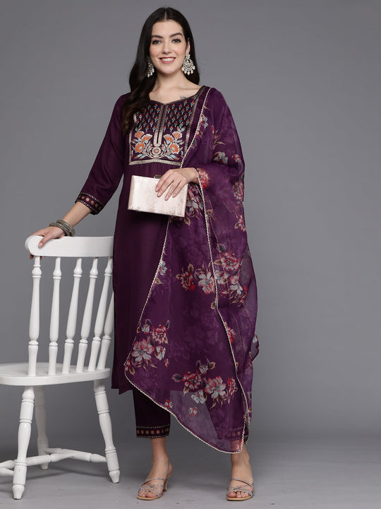 Indo Era Purple Yoke Design Straight Kurta Trousers With Dupatta set