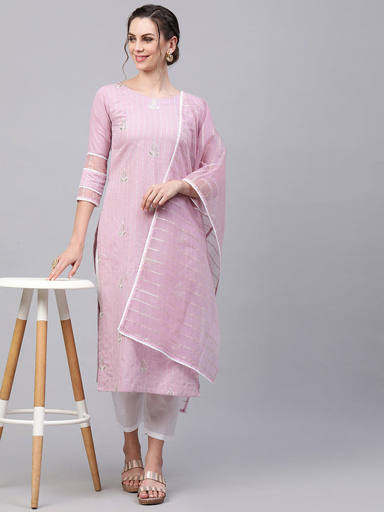 Indo Era Purple Embroiderd Straight Kurta Palazzo With Dupatta Set