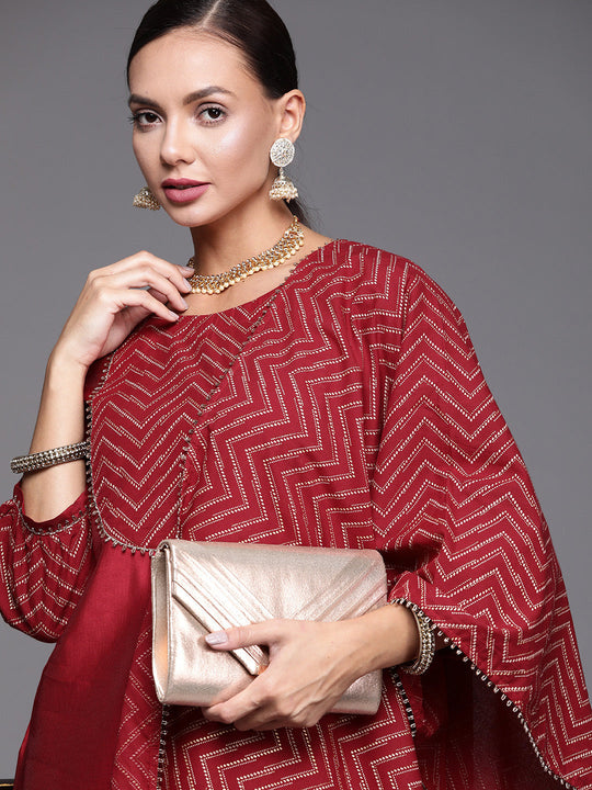 Indo Era Red Solid Straight Kurta Palazzo With Dupatta Set