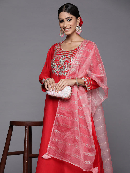 Indo Era Red Embroidered A-Line Kurta Trousers With Dupatta Set