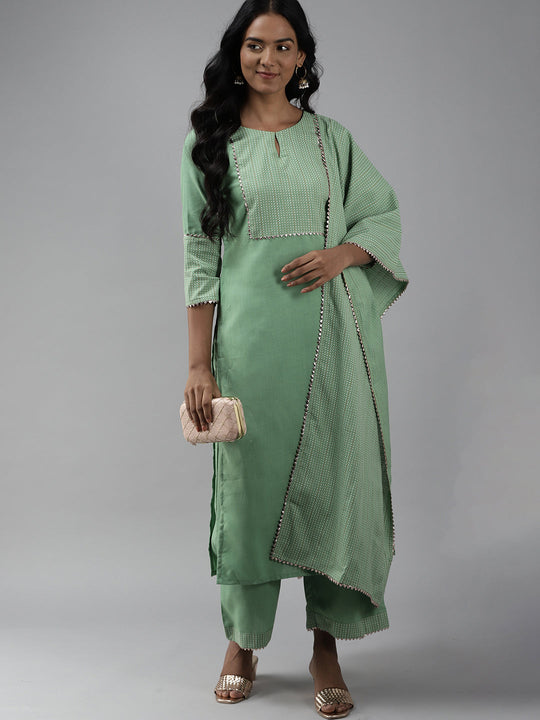 Indo Era Sea Green Solid Straight Kurta Palazzo With Dupatta Set
