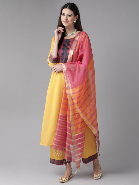 Indo Era Yellow Solid Straight Kurta Palazzo With Dupatta Set