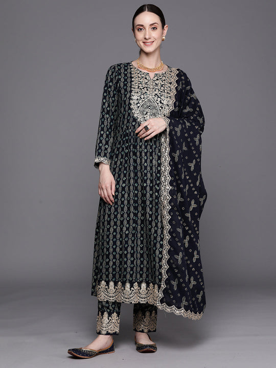 Indo Era Blue Printed Straight Kurta Trousers With Dupatta Set